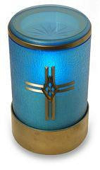 Blue flameless LED battery operated electric funerary candle with cross