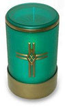 Green flameless LED battery operated electric funerary candle with cross