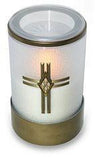 White flameless LED battery operated electric funerary candle with cross