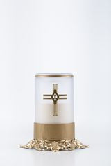 white LED electronic candle with brass base and cross