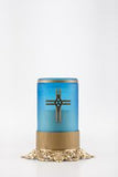 blue LED electronic candle with brass base and cross